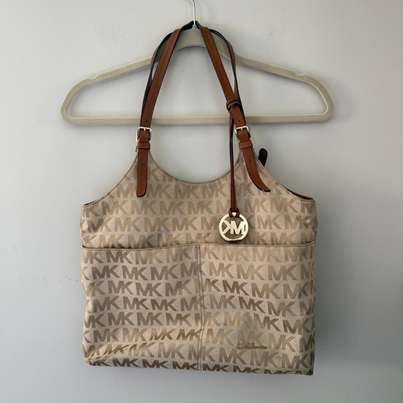 Michael Kors Handbags - Michael Kors Monogram Canvas Tote Bag Beige Tan Leather Trim Gold Hardware